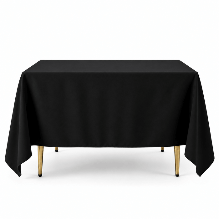 Black polyester square tablecloth 90"x90" for weddings and special occasions.