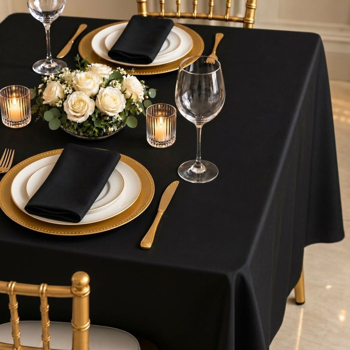 Black wrinkle-resistant tablecloth for weddings and special occasions.