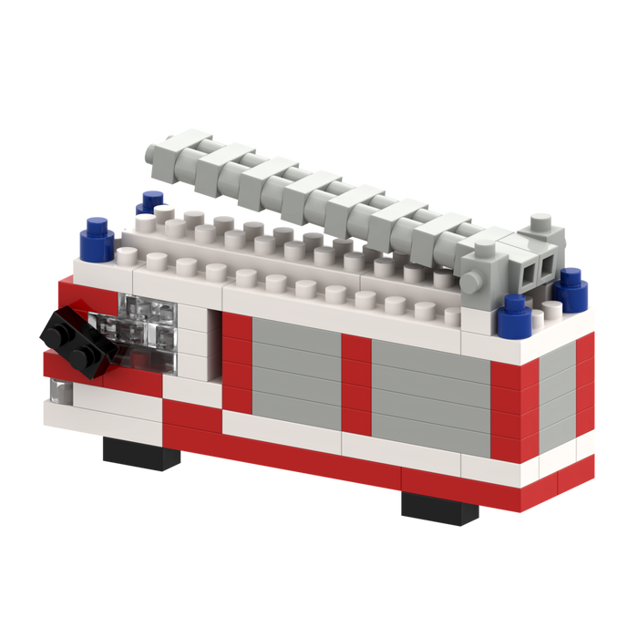 The Brixies Postcard Fire Truck is a mini build kit with red, white, and gray bricks, a gray ladder on top, and black wheels—ideal for mailing as a postcard or gifting as a BRIXIES Post Card.