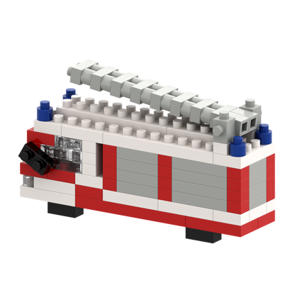 The Brixies Postcard Fire Truck is a mini build kit with red, white, and gray bricks, a gray ladder on top, and black wheels—ideal for mailing as a postcard or gifting as a BRIXIES Post Card.