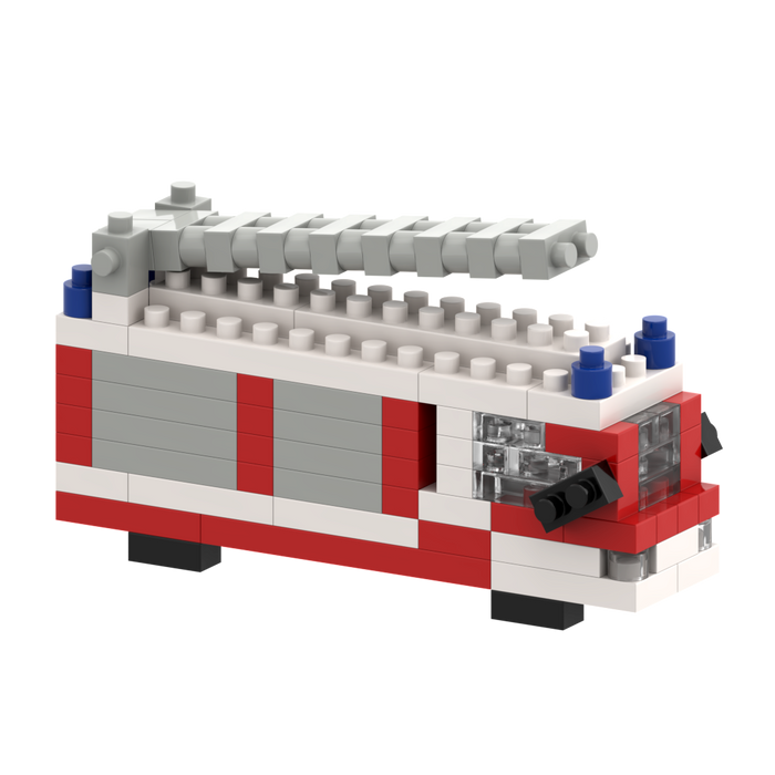 The Brixies Postcard Fire Truck is a mini build kit with a red and white body, transparent window bricks, and a gray extendable ladder—perfect as a stand-alone model or part of the mailable Brixies postcard set.
