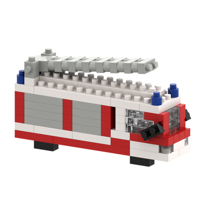 The Brixies Postcard Fire Truck is a mini build kit with a red and white body, transparent window bricks, and a gray extendable ladder—perfect as a stand-alone model or part of the mailable Brixies postcard set.
