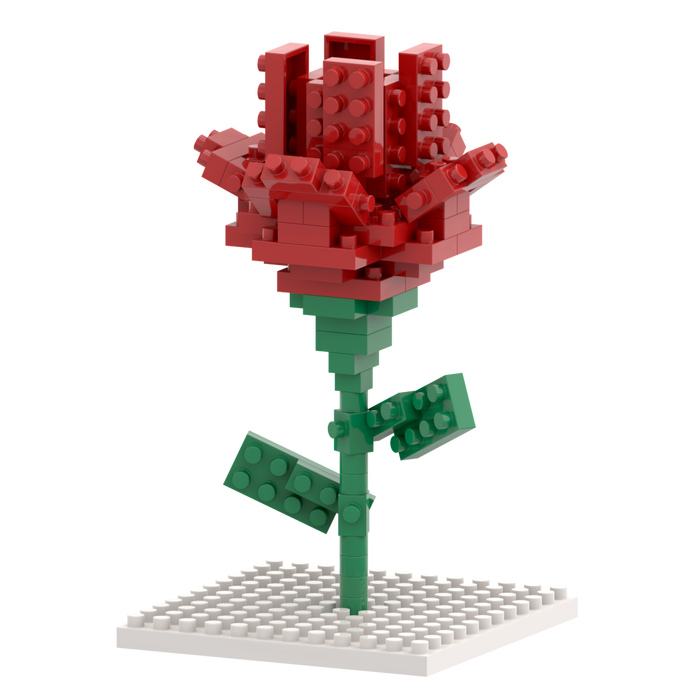 The Brixies Postcard Flower is a 3D red rose with a green stem and two leaves, standing upright on a white baseplate—perfect as a miniature build kit or unique mailable postcard against a plain white background.