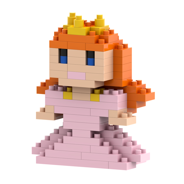 The Brixies Postcard Princess is a mini build kit with interlocking bricks, featuring a charming 3D princess figure with orange hair, yellow crown, blue eyes, and pink dress in a fun, cartoon-like pixelated style.