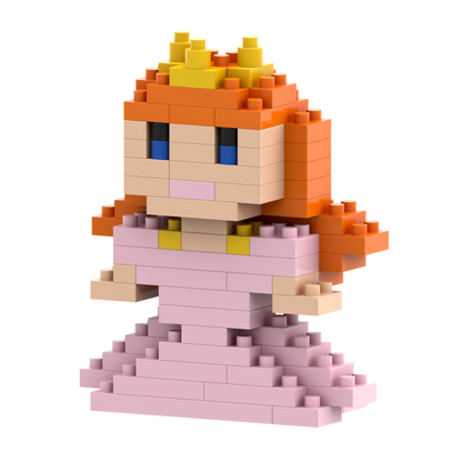 The Brixies Postcard Princess is a mini build kit with interlocking bricks, featuring a charming 3D princess figure with orange hair, yellow crown, blue eyes, and pink dress in a fun, cartoon-like pixelated style.