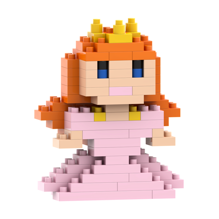 The Brixies Postcard Princess is a pixelated 3D figure built from interlocking blocks, with orange hair, a yellow crown, pink dress, and blue eyes—an adorable upright mini build kit perfect for collectors.