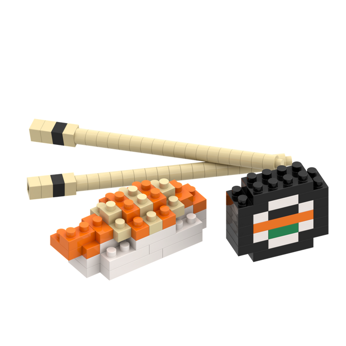 Brixies' Postcard Sushi set features toy building blocks arranged as a salmon nigiri, sushi roll, and chopsticks, creating a playful 3D sushi model mini build kit, all displayed against a white background.