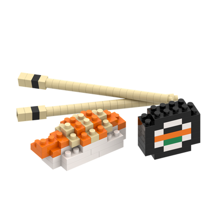 Brixies' Postcard Sushi set features toy building blocks arranged as a salmon nigiri, sushi roll, and chopsticks, creating a playful 3D sushi model mini build kit, all displayed against a white background.