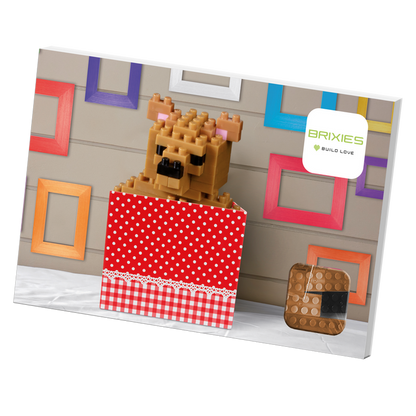 The Brixies Postcard Teddy Bear is a mini build kit featuring a blocky 3D teddy bear in a red, polka-dotted box, with colorful empty picture frames on a gray wall and the Brixies logo in the corner.