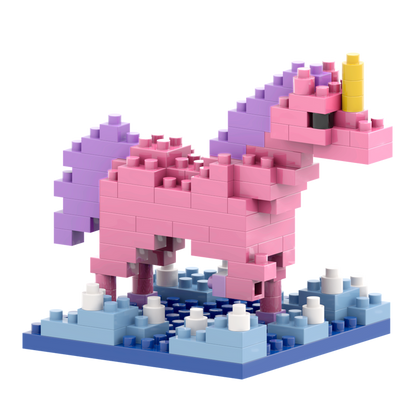 The Brixies Postcard Unicorn features pink, purple, and yellow micro bricks, standing on a blue and white cloud-like base—perfect as a postcard display or mini build kit for unicorn fans.
