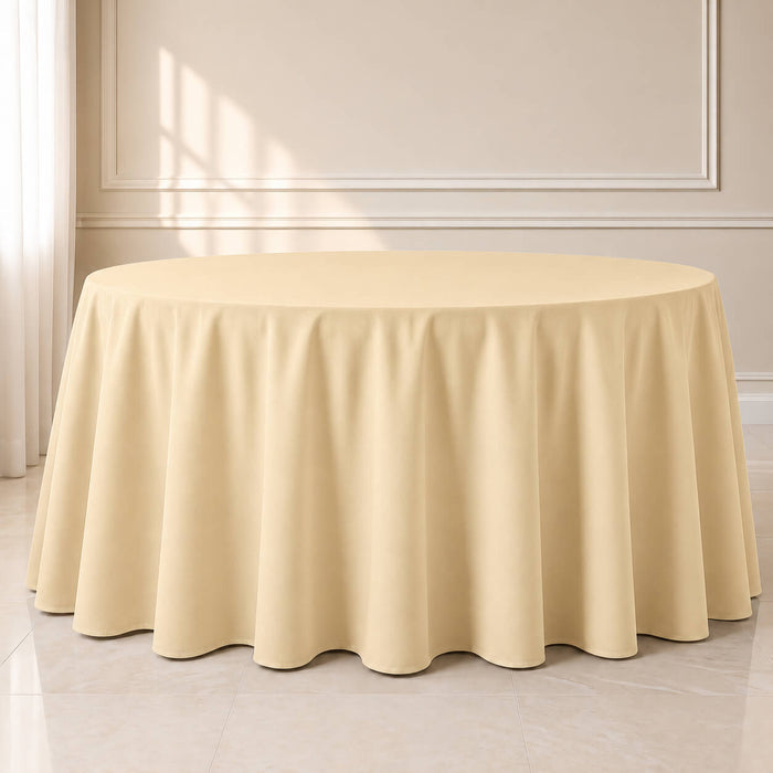 beige seamless round tablecloth on a table