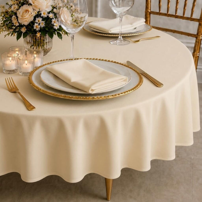 beige premium polyester round tablecloth on elegant table
