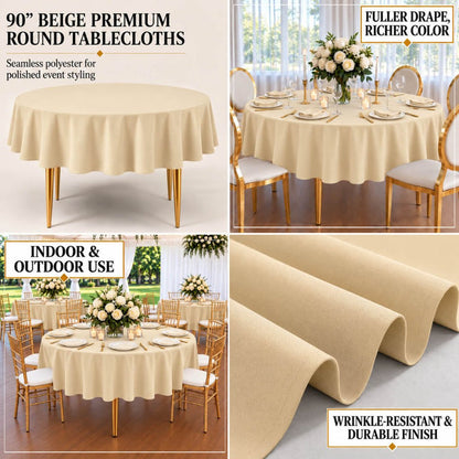 beige premium polyester round tablecloth on dining table