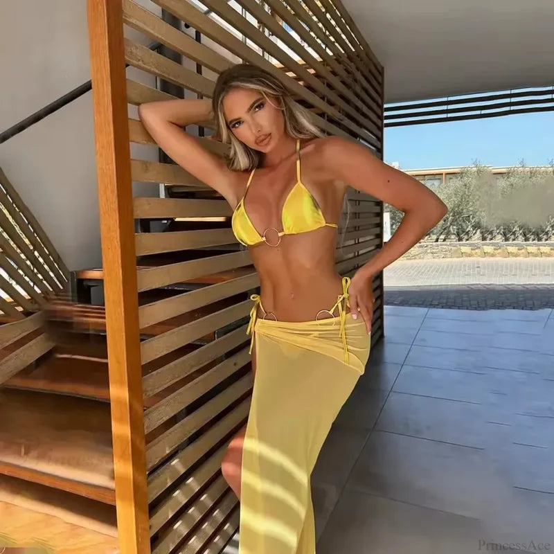 Printed Micro Bikini with Long Skirt Three Piece Swimsuit yellow / S