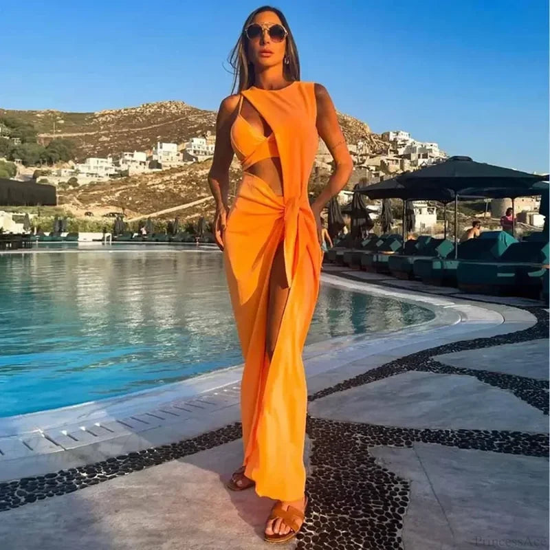 Push Up Bikini Set with Linen Three Piece Swimsuit orange / S