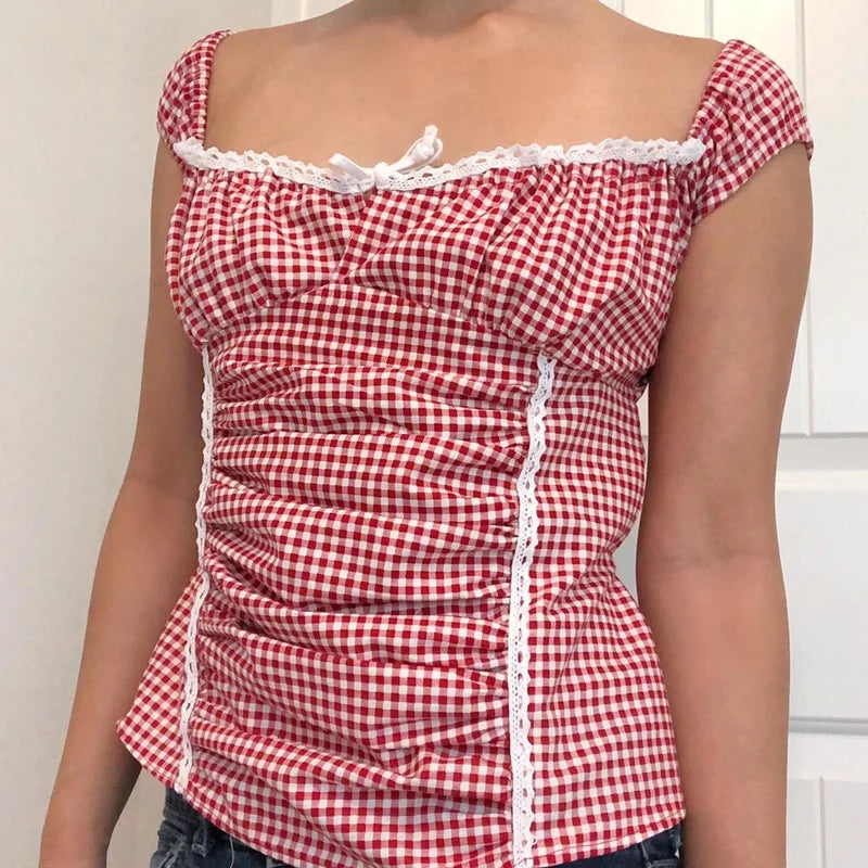 Red Gingham Ruffled Crop Top