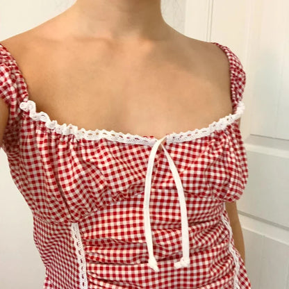 Red Gingham Ruffled Crop Top