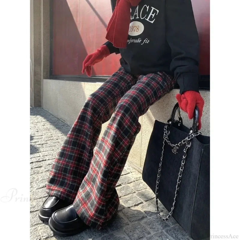 Red Plaid Y2K Women Wide Leg Pants
