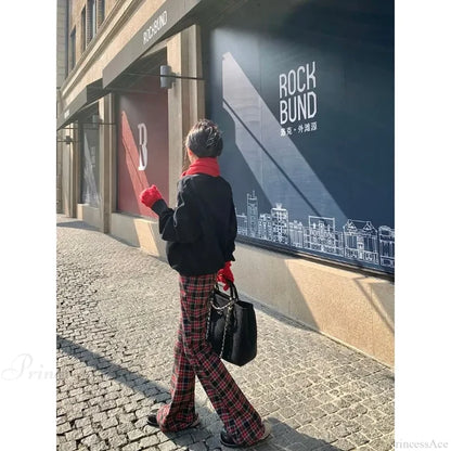 Red Plaid Y2K Women Wide Leg Pants
