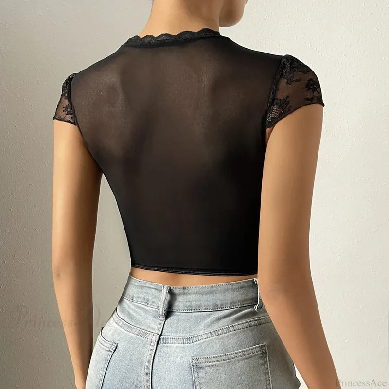 Retro Flower Lace Fishbone V-neck Crop Top croptop-250126