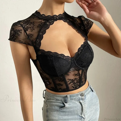 Retro Flower Lace Fishbone V-neck Crop Top croptop-250126