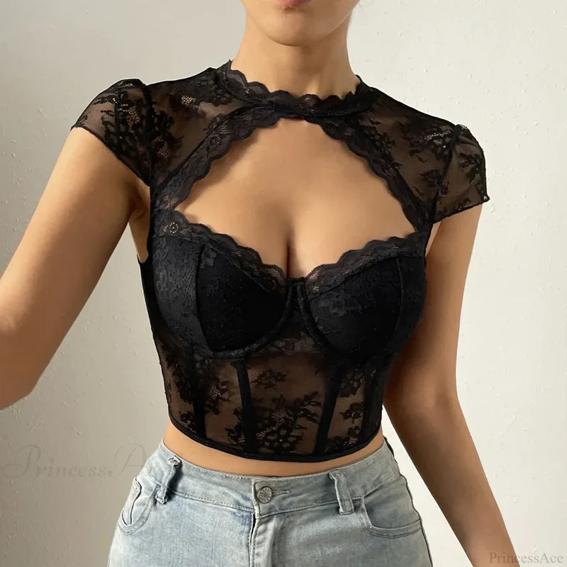 Retro Flower Lace Fishbone V-neck Crop Top croptop-250126