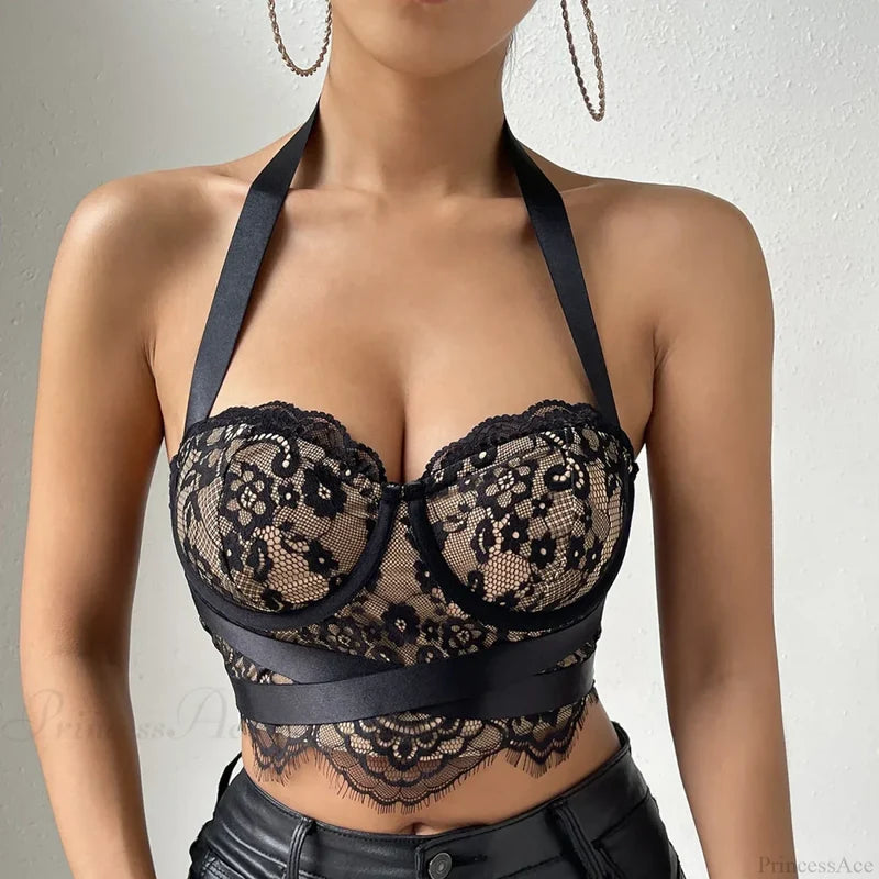 Retro Hollow Bandage Halter Lace Crop Top croptop-250126