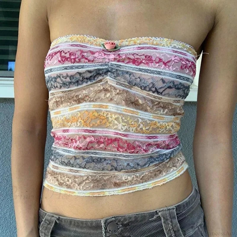 Retro Lace Trim Strapless Tube Crop Top croptop-250126