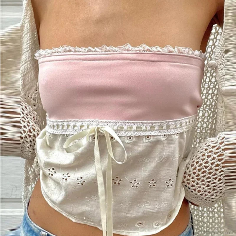 Retro Lace Trim Strapless Tube Crop Top PINK1 / S croptop-250126