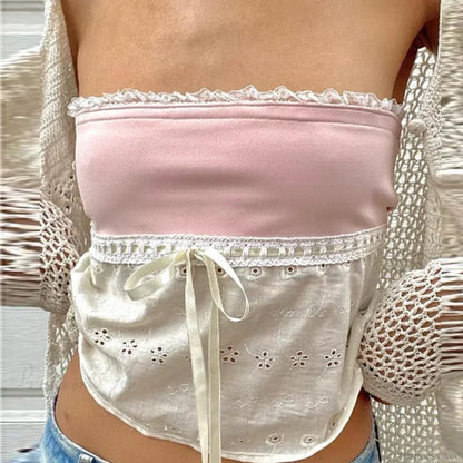 Retro Lace Trim Strapless Tube Crop Top PINK1 / S croptop-250126