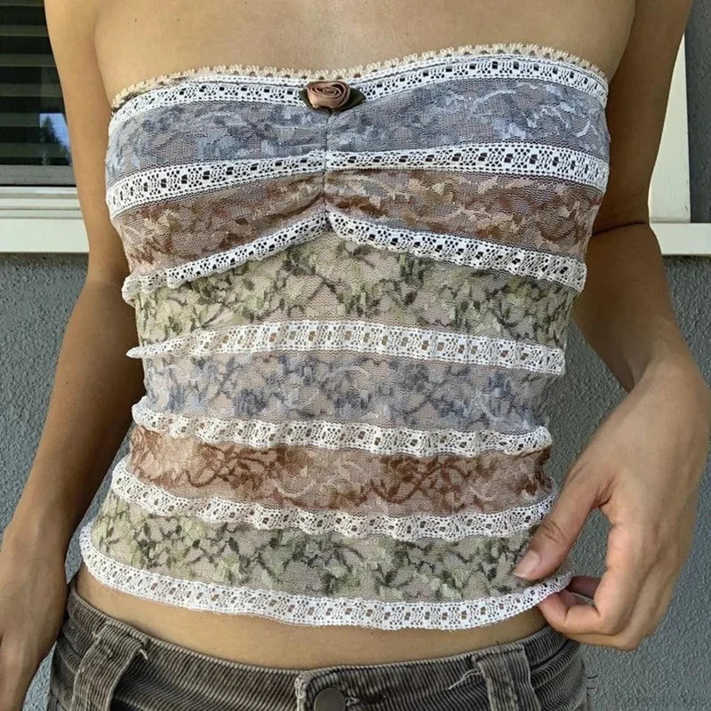 Retro Lace Trim Strapless Tube Crop Top SKY BLUE / S croptop-250126