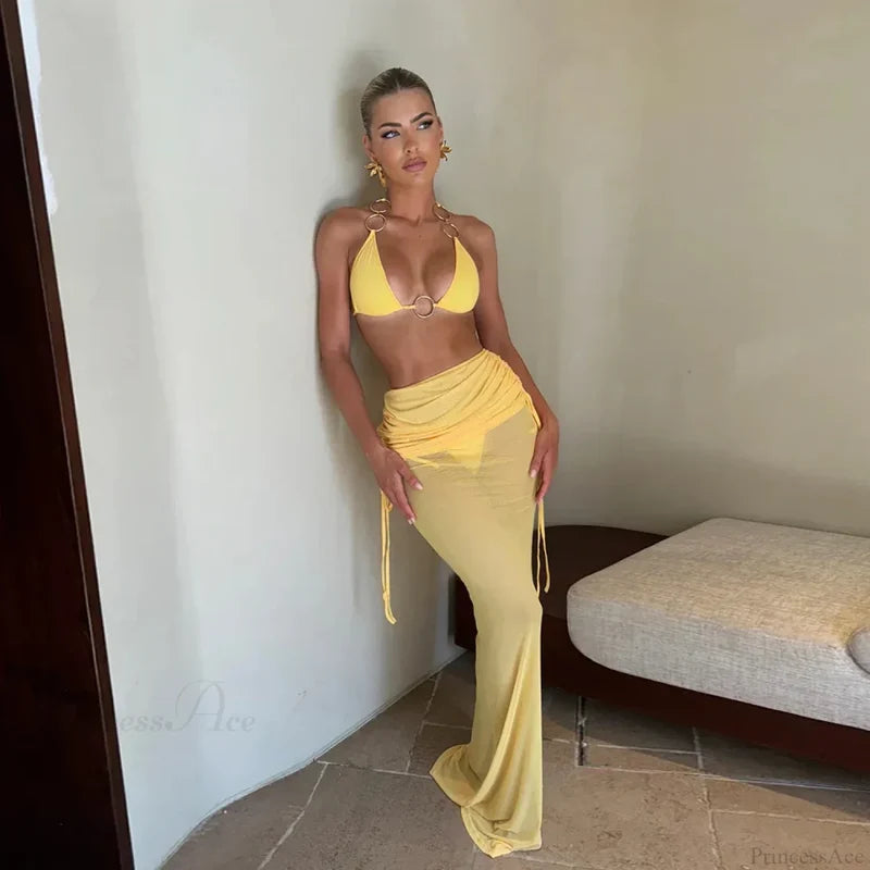 Ring Long Sleeve Three Piece Swimsuit yellow / S