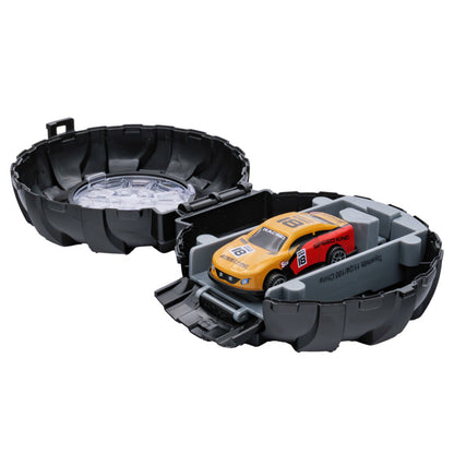 The Rollin' Launch 'N Race by Rollin' features a die-cast race car secured inside an open, round black carrying case with compartments for easy storage.
