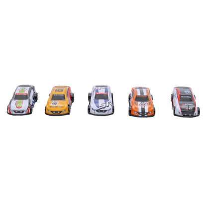 Five Rollin' Launch 'N Race toy cars in green, yellow, blue, orange, and red are lined up side by side on a white background, ready to speed off like die-cast vehicles from Rollin'.