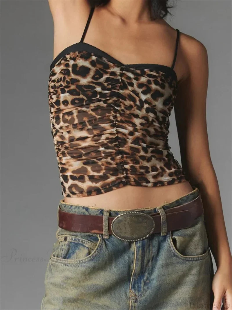 Ruched Floral Leopard Spaghetti Strap Crop Top LEOPARD / S croptop-250126
