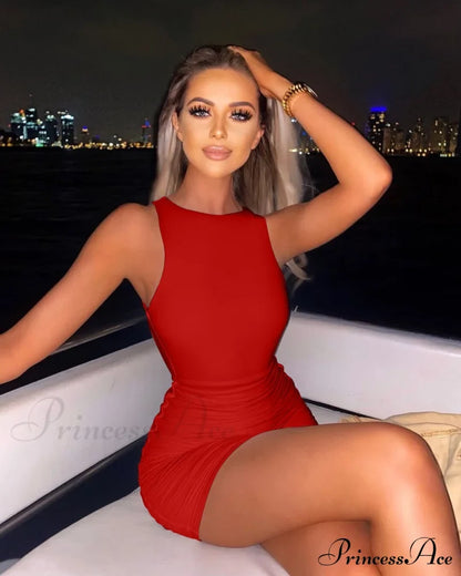 Ruched Tank Sexy Bodycon Backless Lady Black O-Neck Hollow Gown Dresses White Sleeveless Out Party