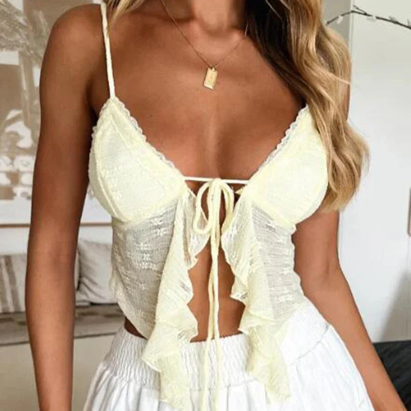 Ruffled Lace Trim Crop Top