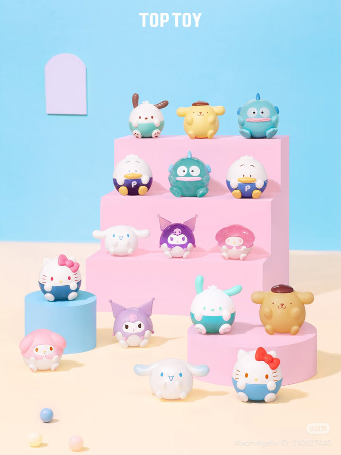 Sanrio Mini Chubby Blind Bag Series featuring ball-shaped collectible figures with classic Sanrio characters in chibi-egg form, showcased on tiered steps for preorder.