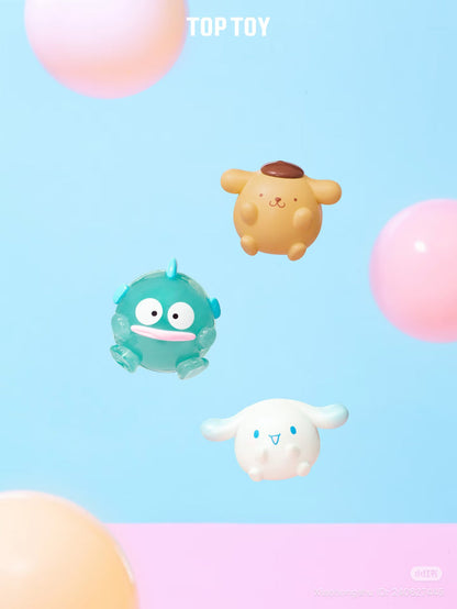 Sanrio Mini Chubby Blind Bag Series featuring three whimsical toy characters, perfect for preorder. Includes 6 designs, 5 crystal colors, and 3 special colors.