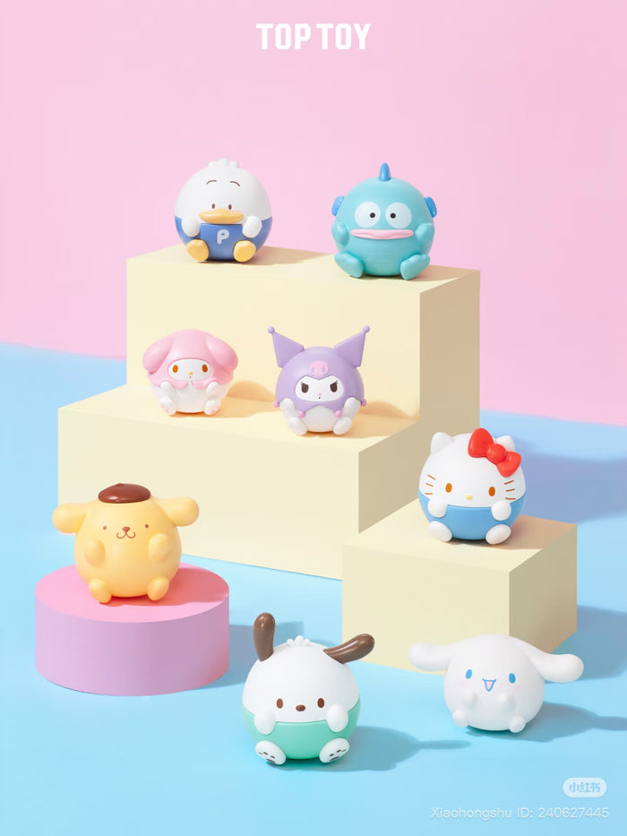 Sanrio Mini Chubby Blind Bag Series: Eight collectible chibi figurines, including Hello Kitty and Pompompurin, displayed on pastel blocks, perfect for preorder from Strangecat Toys.