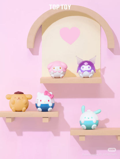 Sanrio Mini Chubby Blind Bag Series on pastel-pink shelves, featuring My Melody, Kuromi, Pompompurin, Hello Kitty, and a Cinnamoroll-inspired bunny.