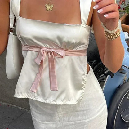 Satin Bow Tie Milkmaid Backless Crop Top croptop-250126