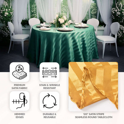 120" satin stripe seamless round tablecloth in gold, premium satin fabric, durable & reusable.