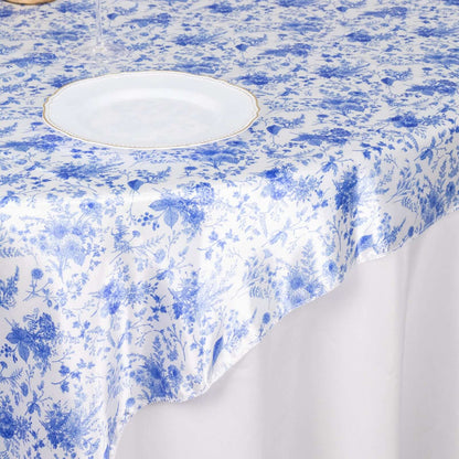 Floral blue and white tablecloth draped elegantly over a table.