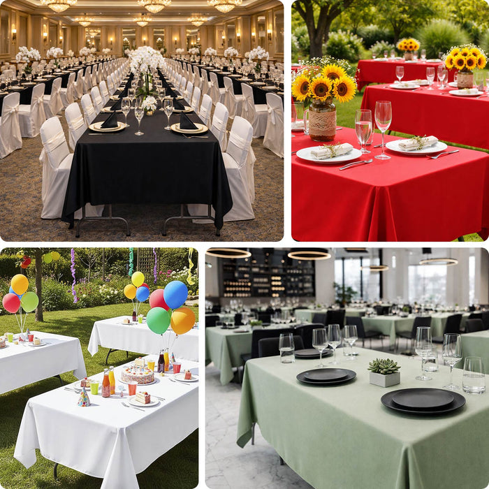 Variety of table settings with colorful tablecloths for events and gatherings.