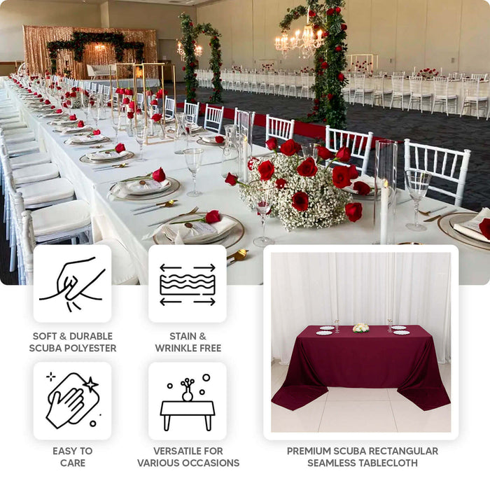 Premium scuba rectangular seamless tablecloth in burgundy for elegant dining setups.
