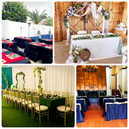 Elegant event setup with decorated tables and floral arrangements in various styles.