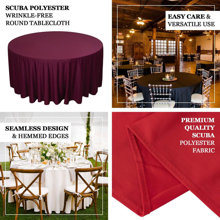Scuba polyester round tablecloth in burgundy, wrinkle-free and versatile.