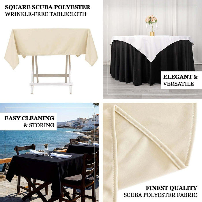 Elegant square scuba polyester tablecloth in cream color for versatile use.