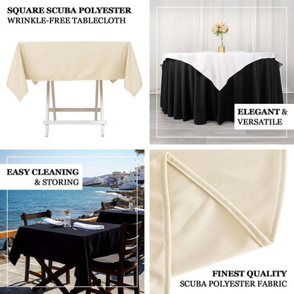 Elegant square scuba polyester tablecloth in cream color for versatile use.